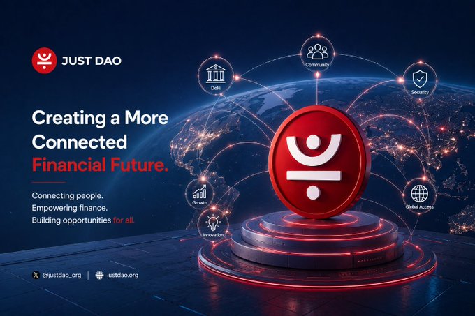 A promotional graphic for JUST DAO featuring a red coin-like logo on a circular platform, with surrounding icons labeled 'DeFi', 'Community', 'Security', 'Growth', 'Innovation', and 'Global Access'. The text reads 'Creating a More Connected Financial Future' and 'Connecting people. Empowering finance. Building opportunities for all.' along with social handles @justdao_org and justdao.org.