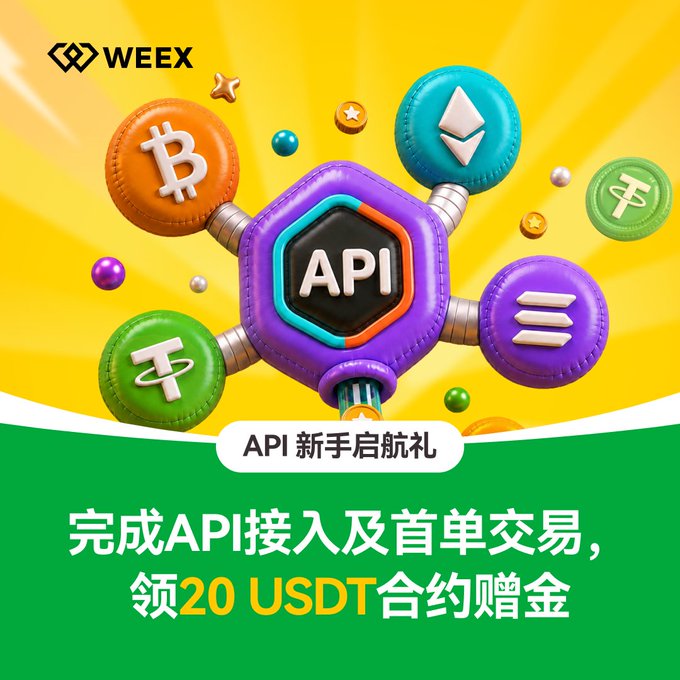 A WEEEX promotional graphic with a bright yellow sunburst background features a 3D purple 'API' hexagon and badges for Bitcoin, Ethereum, Tether, Solana, and other coins, with Chinese text offering a 20 USDT contract bonus for new API users.