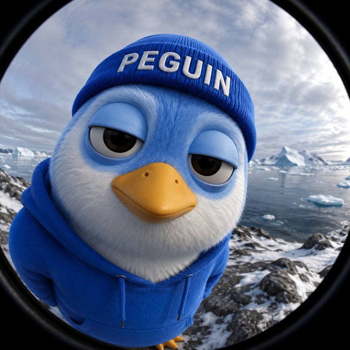 A 3D-rendered cartoon penguin character wearing a blue beanie with 'PEGUIN' written on it and a blue hoodie, photographed through a fisheye lens against an icy landscape with icebergs.