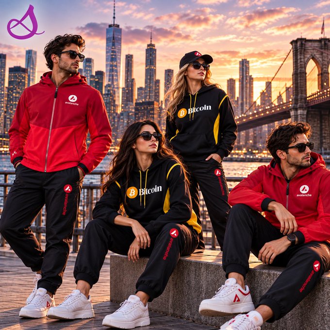 Four models pose in red and black streetwear branded with 'Bitcoin' and 'Avalanche' logos against a sunset cityscape featuring the Brooklyn Bridge and Manhattan skyline.