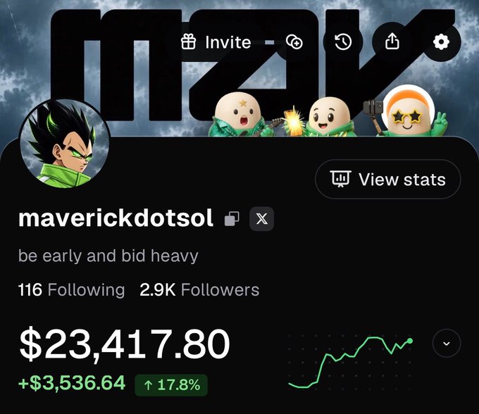 A cryptocurrency trading profile for 'maverickdotsol' showing $23,417.80 in holdings with a 17.8% gain, featuring Dragon Ball character avatars.
