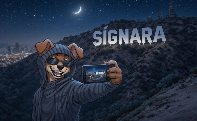 An illustrated dog in a hoodie takes a selfie at night with the word "SÍGNARA" displayed in 3D letters on a hillside under a crescent moon, with a city skyline in the background.