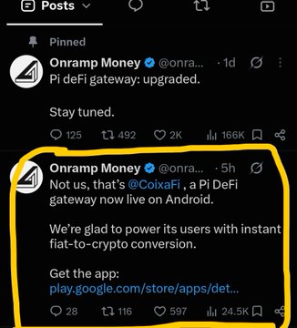 The image shows a pinned tweet from Onramp Money (@onra...) announcing "Pi DeFi gateway: upgraded," and a highlighted reply clarifying, "Not us, that's @CoixaFi, a Pi DeFi gateway now live on Android. We're glad to power its users with instant fiat-to-crypto conversion," with a Google Play link.

The image supports the post by clarifying that the Pi DeFi gateway referenced is from CoixaFi (not Onramp Money), which is now live on Android for instant fiat-to-crypto conversion, aligning with the Hindi caption's announcement of CoixaFi's new Pi DeFi milestone.