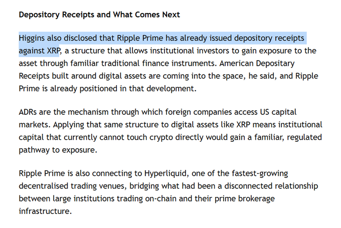 **Caption:** Headline from an article titled "Depository Receipts and What Comes Next," with the lead paragraph (highlighted in blue) reporting that Ripple Prime, per Mike Higgins, has already issued depository receipts against the XRP ticker. The excerpt explains that ADRs adapted for digital assets would give institutional capital a regulated pathway to XRP exposure, while Ripple Prime also links into Hyperliquid to connect institutions to on-chain trading.