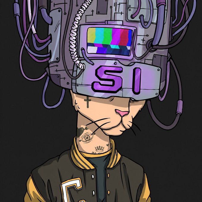 A digital illustration of a figure wearing a helmet displaying "SI" on the front, with a TV test pattern screen where eyes would normally be, and cables connected to the helmet.