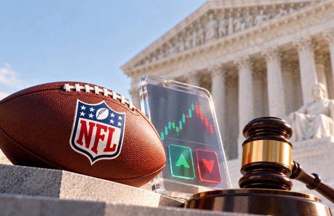 A composite image featuring an NFL football, a smartphone displaying stock charts with green up and red down arrows, a wooden gavel, and a classical building in the background, suggesting the intersection of sports, finance, and law.
