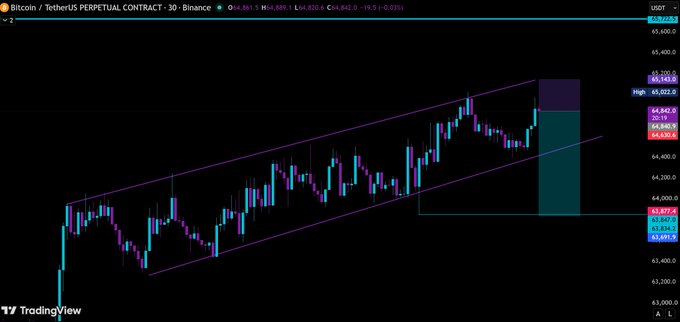 A candlestick chart on TradingView displaying 'Bitcoin / TetherUS PERPETUAL CONTRACT' on Binance (BTCUSDT), showing a rising channel pattern with price levels marked in USDT.