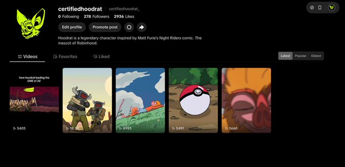 A TikTok profile page for "certifiedhoodrat" (@certifiedhoodrat_) shows 2936 Likes, 278 Followers, and a bio describing Hoodrat as a legendary character from Matt Furi's Night Riders comic (the mascot of Robinhood), alongside a row of videos with view counts ranging from 18 to 8093. The image supports the post's message about the $HOODRAT team executing on TikTok, visually highlighting their content output (such as the 8093-view video) as evidence of the consistent, long-term effort needed to succeed on the Robinhood Chain beyond short-lived hype.