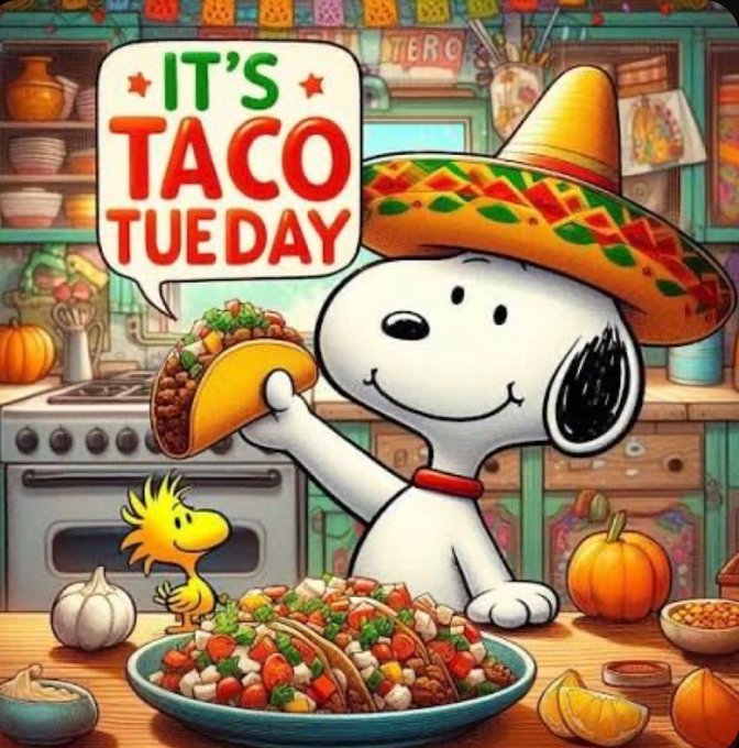 In this vibrant illustration, Snoopy joyfully embraces Taco Tuesday, wearing a colorful sombrero and presenting a delicious taco to Woodstock, all set against a cozy kitchen backdrop featuring pumpkins, a stove, and shelves of dishes. A bold speech bubble declares "IT'S TACO TUESDAY," perfectly capturing the festive spirit of the accompanying post's cheerful greeting to "CT" (Crypto Twitter), where Snoopy and Woodstock symbolize the hope and happiness wished for the community, while the festive taco feast mirrors the playful, communal vibe of sharing good vibes on a Tuesday morning.