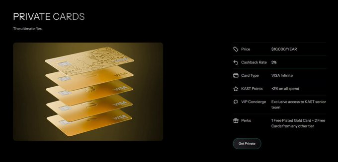 A promotional image displays a tier of luxury "PRIVATE CARDS" titled "The ultimate flex," showing five stacked gold Visa Infinite cards with a $10,000/year price, 3% cashback rate, +2% KAST points, VIP Concierge access to the KAST senior team, and perks including 1 Free Plated Gold Card plus 2 free cards from lower tiers. The post criticizes KAST's marketing of this $10,000 tier—roughly twice the cost of most expensive Web2 annual fee cards—suggesting the company used implied token hype to drive interest in such high-priced offerings.
