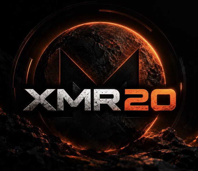 A dark, dramatic graphic features the text "XMR20" in bold metallic letters with an orange glow, set against a planet-like sphere with rings and a textured surface.