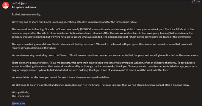A Discord message from 'ma2bd' announces that Linera is ceasing operations due to a shortfall between their $900,000 Sonar sale commitments and the minimum required to keep the company running.