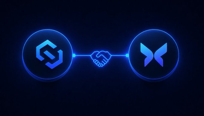 Neon-style graphic depicting a handshake between two crypto logos connected by a glowing line, symbolizing a partnership or bridge.