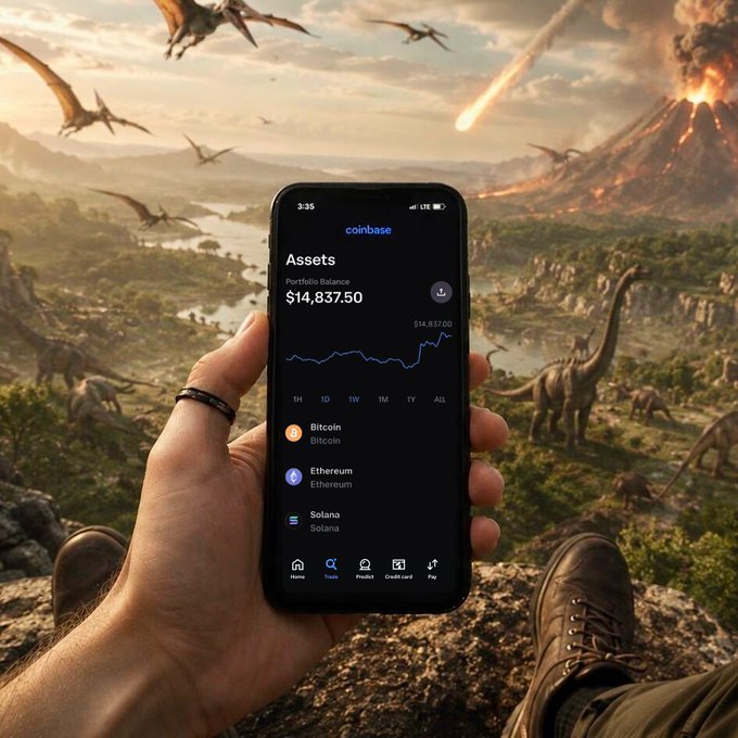 A first-person view shows a hand holding a smartphone displaying the Coinbase app with a portfolio balance of $14,837.50, set against a surreal background of flying pterodactyls, dinosaurs, and an erupting volcano.