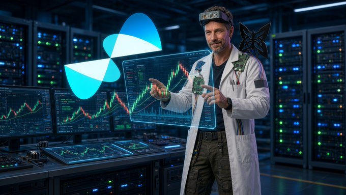 A man in a white lab coat with a head-mounted display in a server room, interacting with holographic trading charts next to a large blue Sui blockchain logo.