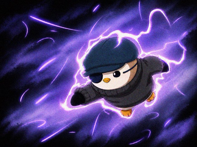 A digital illustration of a small penguin character wearing a black beret and eye patch, surrounded by a dynamic purple lightning aura.