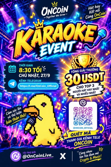 A vibrant promotional poster for an 'OnCoin Karaoke Event' featuring a pixelated duck mascot, a 30 USDT prize for top 3, and the @OnCoinLive sponsorship.