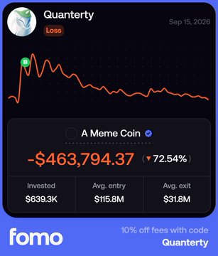 A screenshot of the fomo app showing a "Quanterity" meme coin portfolio with a loss of -$463,794.37 (-72.54%), invested $639.3K, avg entry $115.8M, avg exit $31.8M, dated Sep 15, 2026.