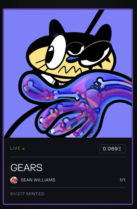 A digital NFT artwork titled 'GEARS' by Sean Williams, showing a cartoon black cat with bared teeth holding iridescent purple gears against a blue background, listed as LIVE at 0.069Ξ with 61/217 minted.