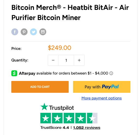 An e-commerce product page screenshot for a "Bitcoin Merch® - Heatbit BitAir - Air Purifier Bitcoin Miner" priced at $249.00, showing an "Add to cart" button, PayPal option, and a TrustScore of 4.4.