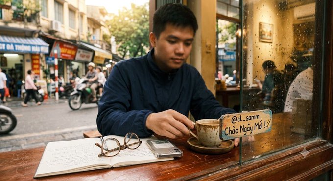 A young man sits at a wooden table in a Vietnamese cafe drinking coffee, with a notebook, phone, and glasses nearby; a sign reads '@c.l_sanmm Chào Ngày Mới' (Hello New Day).