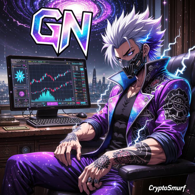 Anime-style illustration of a silver-haired character in a purple jacket with a face mask, seated by a computer showing financial charts; "GN" logo and "CryptoSmurf" watermark visible.