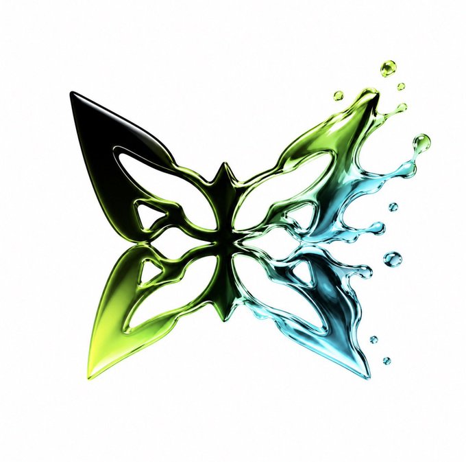 A stylized metallic butterfly sculpture in dark green and cyan blue colors, depicted with splashing liquid effects against a white background.