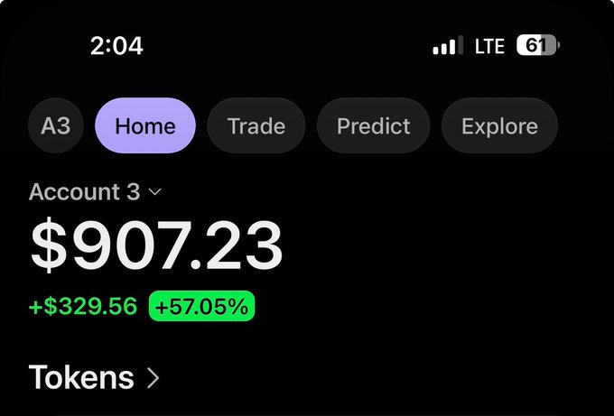 A mobile app screenshot showing "Account 3" with a portfolio balance of $907.23, up $329.56 (+57.05%) in green, illustrating the success of a trading challenge currently in progress.