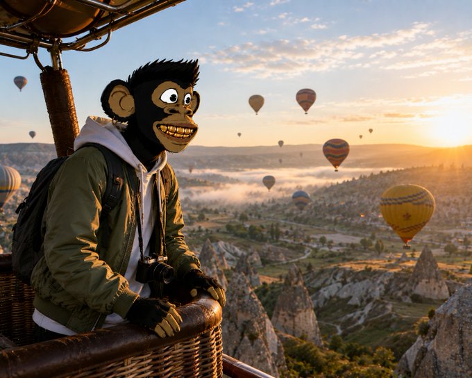 A chimpanzee in a green jacket and backpack, holding a camera, leans out of a hot air balloon basket while overlooking a misty Cappadocia-like landscape filled with other balloons at sunrise. The image mirrors the post's theme of "GM legends" and intentional early-morning focus, symbolizing a grounded explorer rising above the noisy web3 crowd to find clarity before the day rushes in.