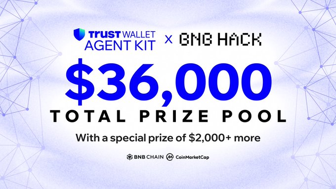 The image presents a promotional banner for an event titled "BNB Hack" hosted by Trust Wallet Agent Kit. The banner features two blue boxes with white text, displaying the details of the event, such as the total prize pool amount which is $36,000 and how to participate in this hack. Additionally, there's information about a special prize worth $2,000 for users who can effectively use the TWAK application provided by the Agent Kit in conjunction with the BNB Hack. The text is clear and easy to read, directing interested participants towards the event details.