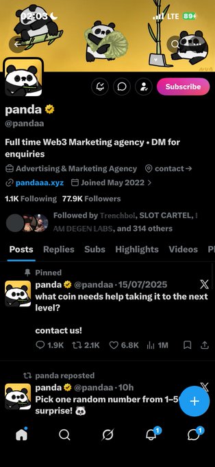 A Twitter/X profile page for 'panda' (@pandaa), described as a 'Full time Web3 Marketing agency • DM for enquiries' with 77.9K followers.