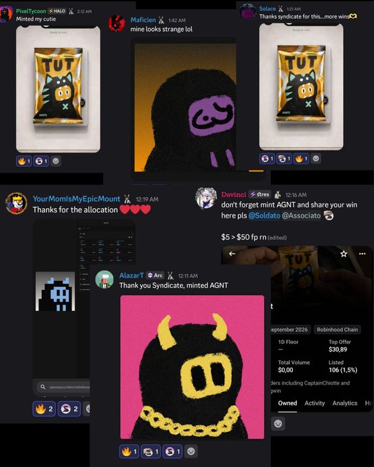 A collage of Discord messages showing users like PixelTycoon, Mafician, Solace, YourMomIsMyEpicMount, Davinci, and AlazarT sharing NFT-related content including "TUT" card packs, pixel art characters, and Syndicates mentions like @Soldato and @Associato.