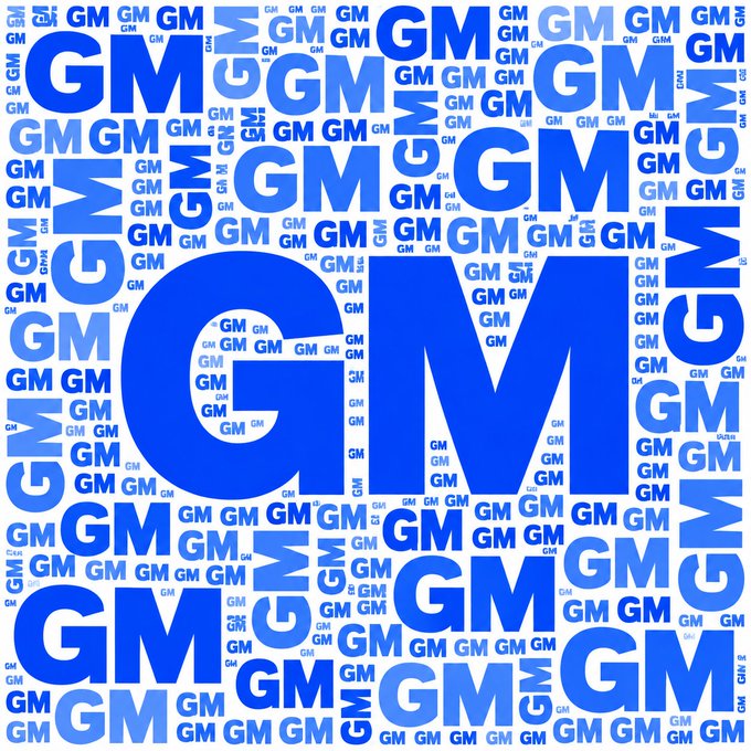 A word cloud composed of multiple "GM" texts in varying sizes and shades of blue, with the largest "GM" prominently centered against a white background. The accompanying post "Name the first word you see" is answered by "GM," which appears repeatedly throughout the image as a ticker symbol referencing General Motors.