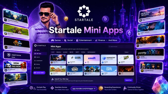 A promotional webpage for 'Startale Mini Apps' featuring a person in sunglasses, with various mini apps displayed including games, social, entertainment, and finance categories, set against a purple cosmic background.