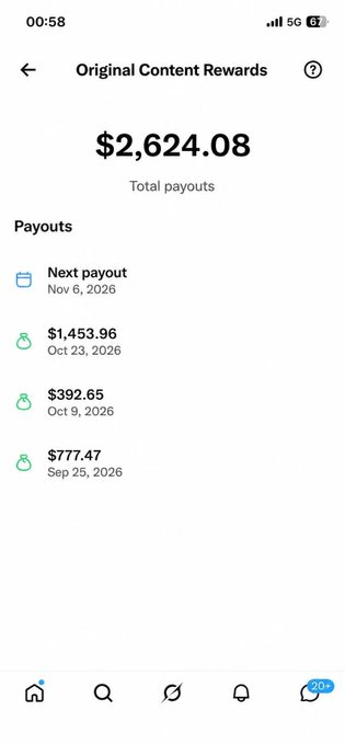 A mobile screen for “Original Content Rewards” shows total payouts of $2,624.08 and scheduled payouts, including $1,453.96 on Oct 23, 2026, $392.65 on Oct 9, $777.47 on Sep 25, and a next payout of Nov 6. This rewards screen provides financial context for the post inviting participants to join and receive 500,000,000 BIBI per person.
