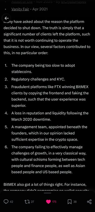 A Vanity Fair article from April 2021 listing reasons a crypto platform shut down, citing issues like slow stablecoin adoption, regulatory challenges, and a 'cultural schisms' between tech and finance people.