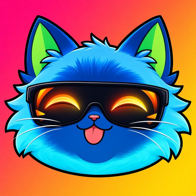 A cartoon blue cat face wearing large reflective sunglasses, smiling with its tongue out against a pink-to-orange gradient background.