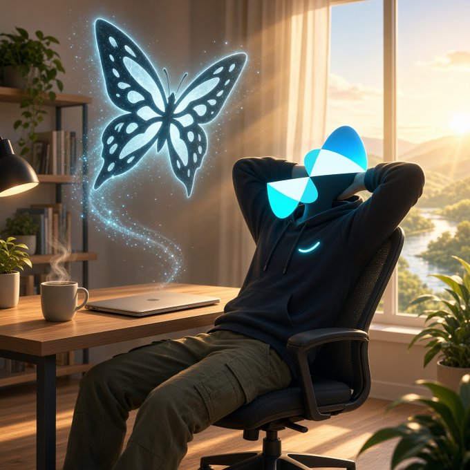 A digital illustration of a person in a black hoodie sitting at a desk by a window, with a glowing blue butterfly emerging from a coffee mug, while their face is obscured by a blue butterfly logo.