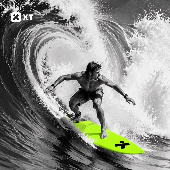 A surfer rides a neon green surfboard on a large wave, with the XT logo visible in the top left corner. The image relates to the post by likening successful crypto trading on XT to expertly choosing and riding the right wave.
