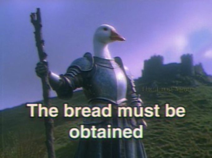 A humorous meme shows a goose's head edited onto a knight in shining armor holding a staff, with text reading 'The bread must be obtained'.