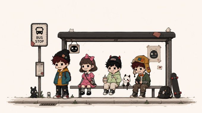 The image features a group of five children sitting on a bench at a bus stop, with one child holding a skateboard. The children are dressed similarly, wearing matching outfits that include hats and backpacks. A sign for a bus stop can be seen in the background, indicating their location. The post also mentions an upcoming event or date, possibly related to the children's interests or activities.