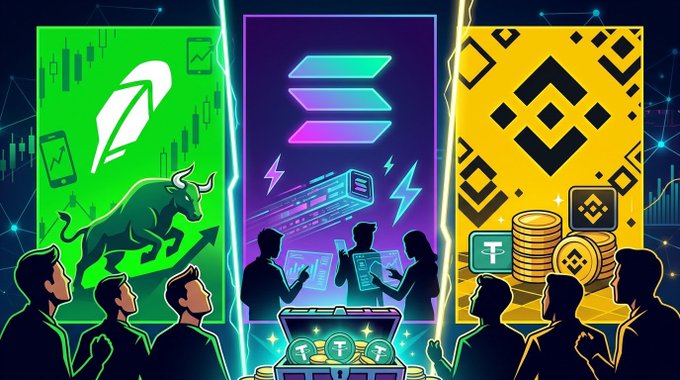 A colorful digital illustration divided into three panels (green, purple, and yellow) showing silhouettes of people looking at symbols including a bull, a lightning bolt, the Solana logo, and stacks of coins with cryptocurrency imagery.