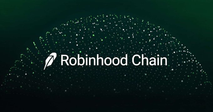 The image shows the "Robinhood Chain" logo with a stylized feather icon, set against a dark green background with a particle/dotted design. It visually represents the post's announcement of Robinhood Chain generating $3.13 million in revenue over 30 days, outperforming Base and Ethereum shortly after launch.