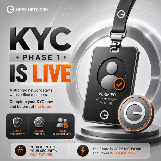 A promotional graphic for Grey Network announcing "KYC PHASE 1 IS LIVE," featuring a verified membership ID badge with the tagline "Your Identity. Your Security. Our Future." and emphasizing verified, secure community building.