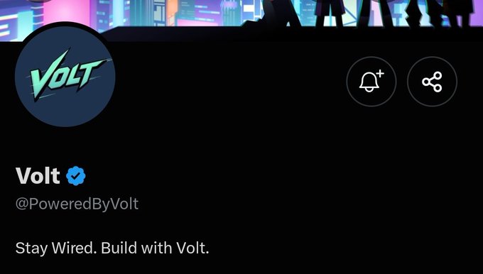 A Volt (@PoweredByVolt) Twitter profile page with the tagline "Stay Wired. Build with Volt." shown in a dark theme, serving as the announcement source for their upcoming NFT mint with 4,444 supply at 0.009 ETH on August 31.