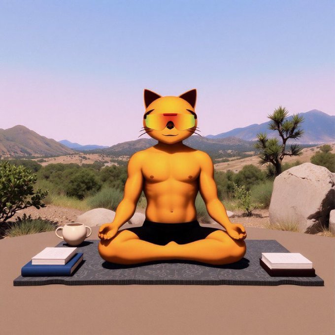 A 3D-rendered orange cat-headed humanoid meditating in a lotus pose on a mat in a desert landscape, wearing rainbow VR-style glasses.
