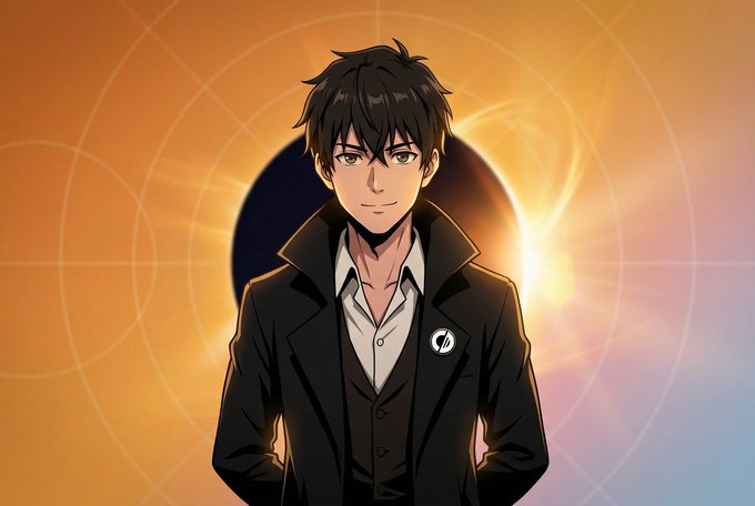 Anime-style illustration of a young man with messy dark brown hair wearing a black jacket over a white shirt, with a circular dark emblem behind him against an orange and yellow gradient background.