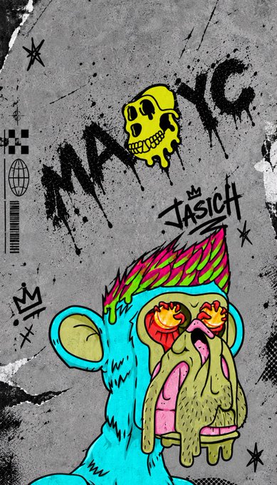A vibrant street art illustration featuring a melting, teal-colored cartoon character with a flaming mohawk, set against a distressed gray background with "MANYC" graffiti and a yellow dripping skull. The image also displays "JASICK" text, checkerboard patterns, and crown motifs, suggesting urban graffiti culture. The caption fits the post as it highlights a stylistic choice between similar gritty, vibrant artistic themes.