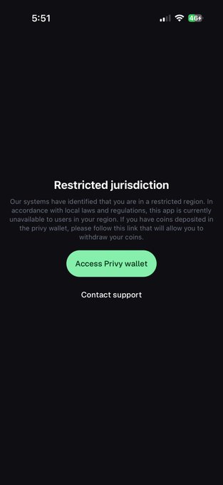 A screenshot of a mobile app displaying a "Restricted jurisdiction" message, indicating that the user is in a region where the app is unavailable, with an option to "Access Privy wallet" for coin withdrawal. The image relates to the post by showing what appears to be a restriction notification on the Pump.fun platform, prompting the user to contact support for assistance.