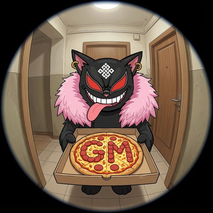 A cartoon black cat-like creature with a pink fur collar, red eyes, and a geometric mark on its forehead holds an open pizza box revealing a pepperoni pizza in a hallway.
